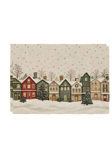 2/4/6Pcs Vintage Christmas Town Placemat, Snowy Winter Village Houses Table Mat, Antique Linen Texture Snowflake Table Decor, Farmhouse Rustic Holiday Dining Table Linen, Washable Table Protection Pad - Champagne - View 9