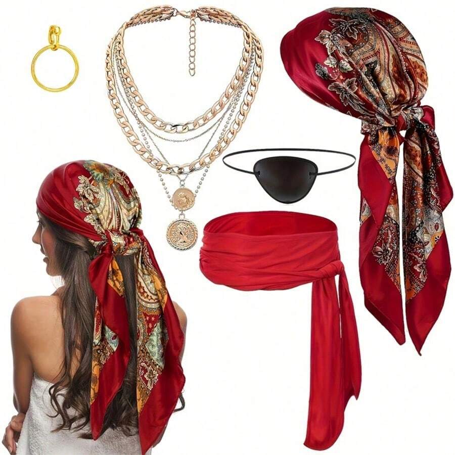 Angry Pirate Costume Accessories Set: Pirate Bandana, Waist Sash, Eye Patch, Necklace And Earrings - Multicolor - View 1