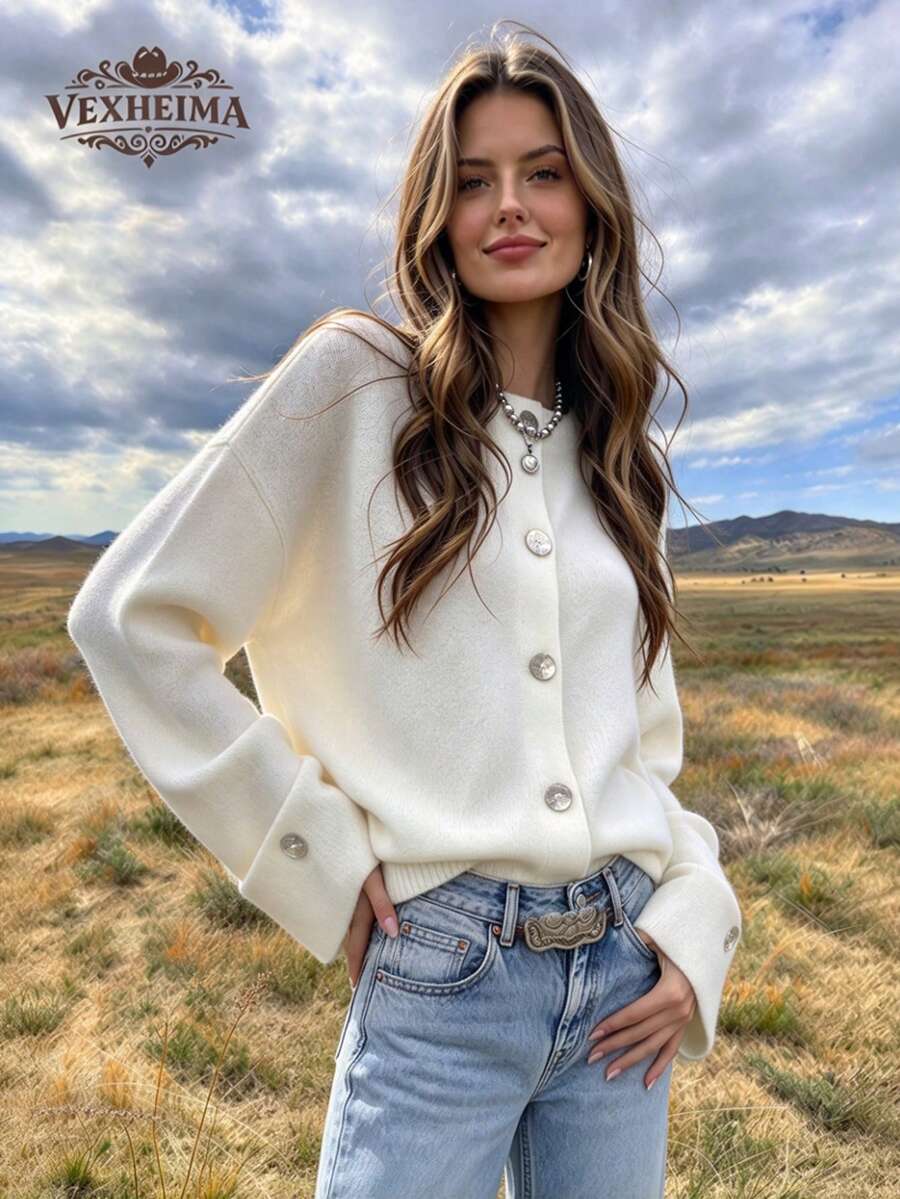 Autumn And Winter New Women's Fashion White Elegant Solid Colour Button Woolen Long Jacket Shell Decorative Button Cardigan Top - White - View 1
