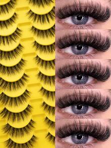 10 Pairs False Eyelashes, Large Capacity Eyelash Box, Thick And Curly, Self-Adhesive D-Curl, Soft And Fluffy, Reusable, Suitable For Beginners, Perfect For Cosplay, Daily Dates, Parties And Outings - Black - View 1