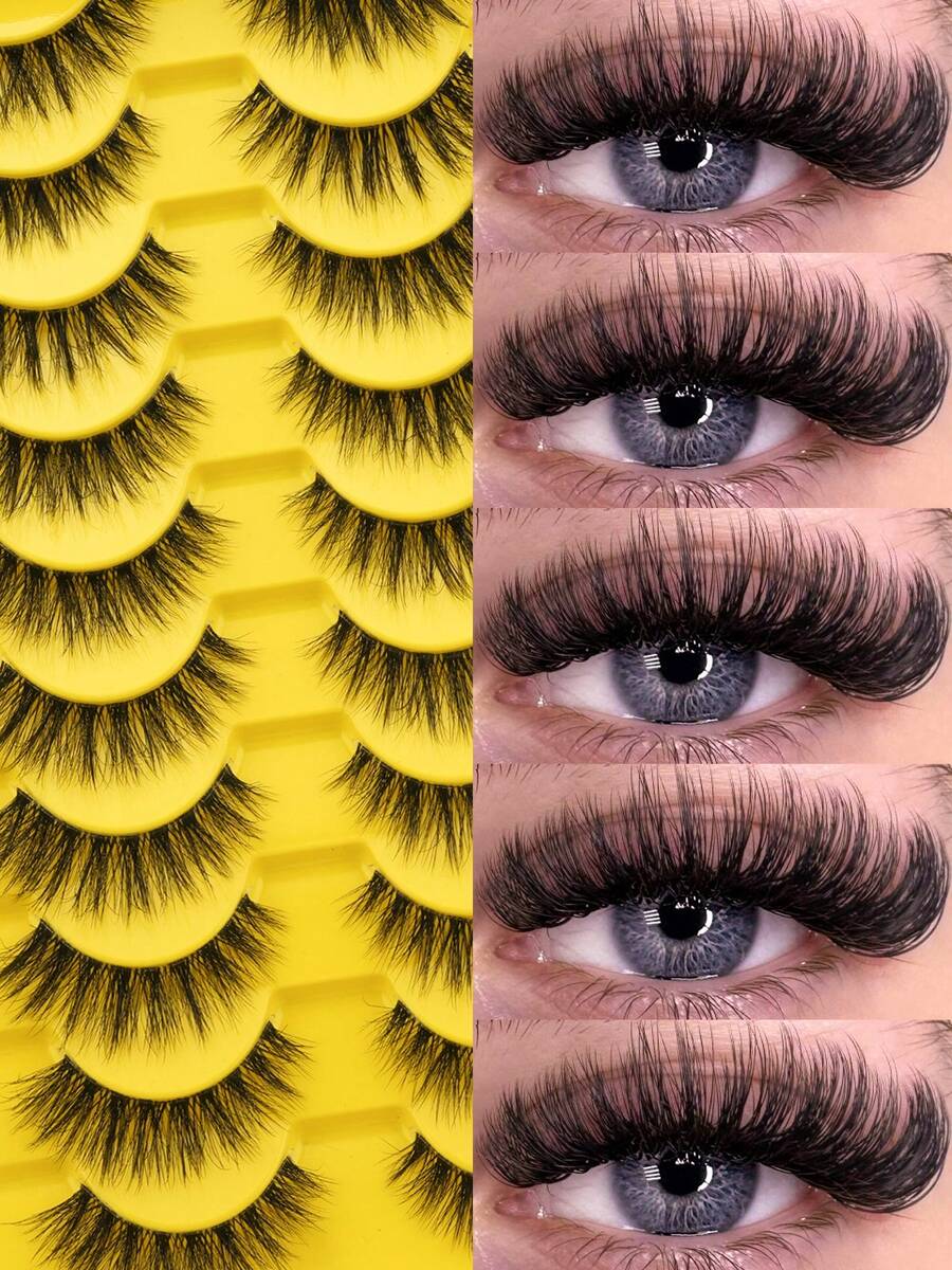 10 Pairs False Eyelashes, Large Capacity Eyelash Box, Thick And Curly, Self-Adhesive D-Curl, Soft And Fluffy, Reusable, Suitable For Beginners, Perfect For Cosplay, Daily Dates, Parties And Outings - Black - View 1