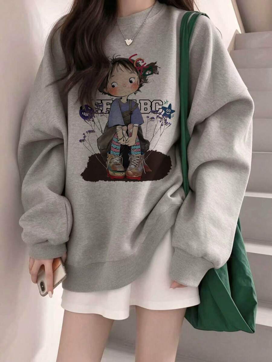 可愛卡通小女孩印花圓領衛衣 女款淺灰色調寬鬆版型圓領衛衣復古趣味套頭秋季上衣 - 淺灰色 - 查看 1