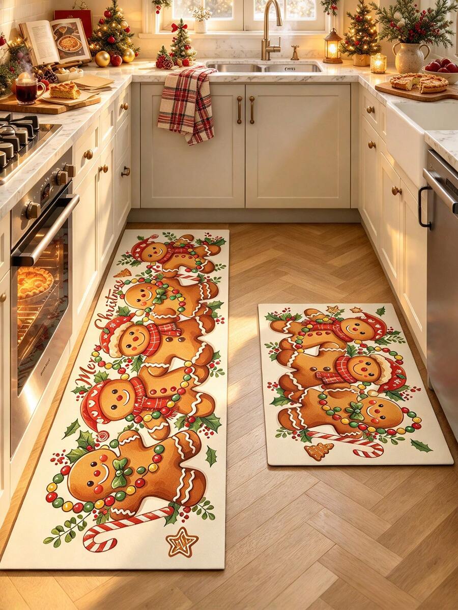 1/2pcs Christmas Kitchen Decor Rug, Christmas Gingerbread Man Pattern Design Winter Kitchen Rug And Mat, Non-Slip Washable Absorbent Kitchen Accessories Decor Mat, Christmas Holiday Gift! - Multicolor - View 1