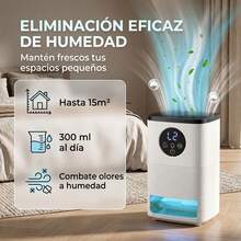 HOMCOM Deshumidificador 0,3L/Día, Deshumidificador de Humedad Pequeño Silencioso, para 15 ㎡, Luz RGB, Depósito 1,4 Litros, Temporizador de 24H, Pantalla LED, Secado Ropa, para Dormitorio, Baño, Blanco - Blanco - Ver 2