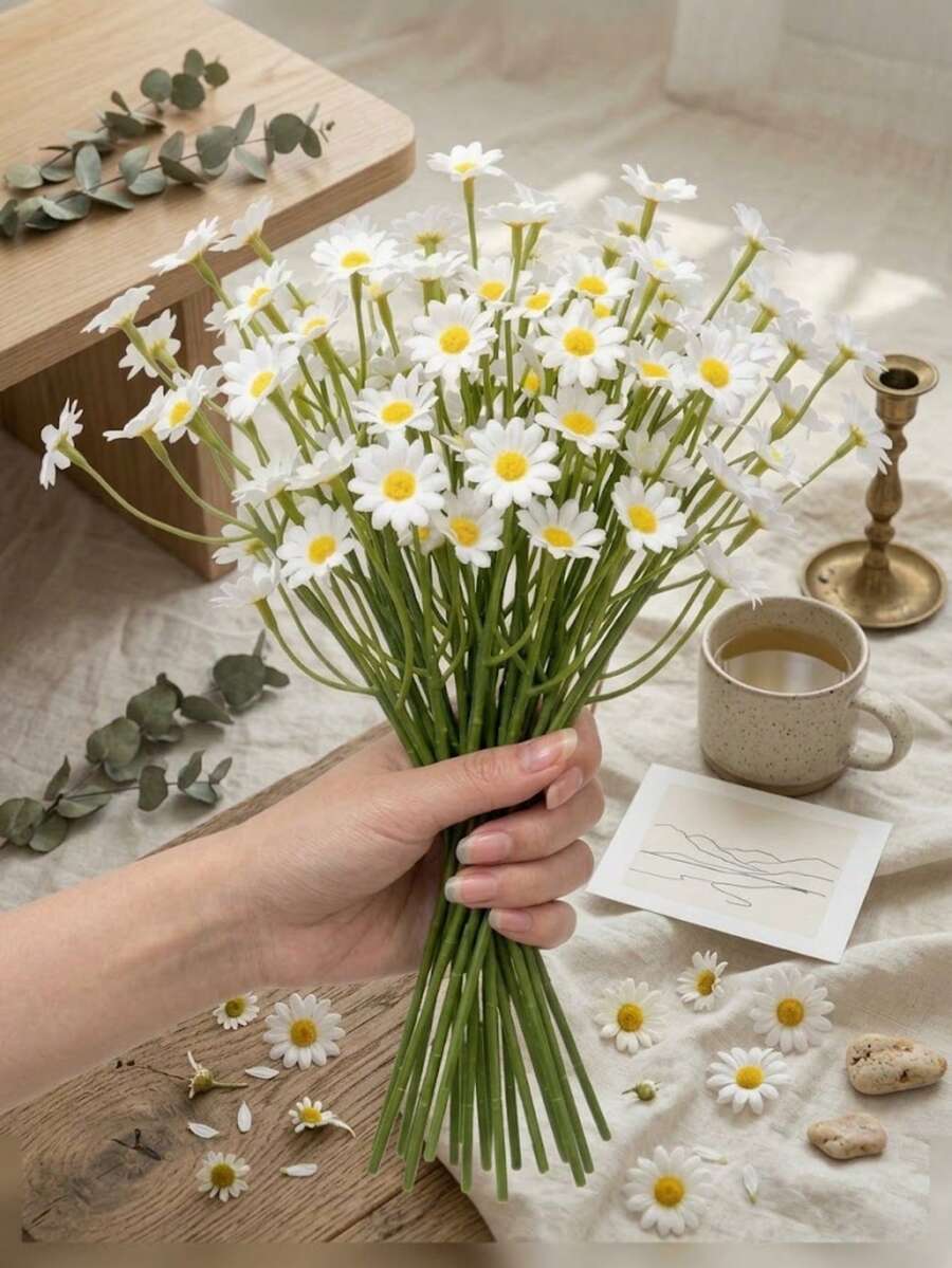 1/4/6/10pcs 10.63 Inch Artificial Daisy Bouquet, Fresh And Soothing, Suitable For Handheld Flower Basket, Mother's Day, Wedding Season, Back To School Season, Picnic Photo Backdrop And Teen Bedroom Desktop Decoration