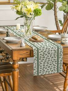 1Pc Christmas Table Runner Green Pine Needle Leaf Pattern With Striped Border Table Flag, Farmhouse Rustic Winter Table Decor For Dining Table, Kitchen, Holiday Party, Home Xmas Tabletop Decoration - Green - View 4