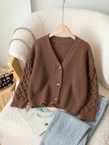 Tween Girls' V-Neck Solid Brown Cable Knit Button Cardigan, Long Sleeve Casual Loose Soft Knit Sweater Jacket, Suitable For Girls' Back To School Daily Autumn Outerwear - Coffee Brown - View 1