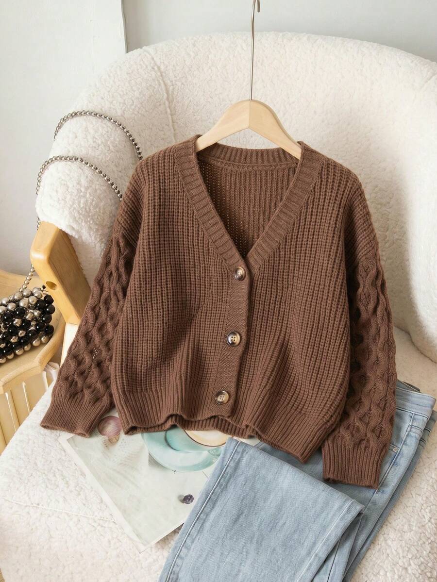 Tween Girls' V-Neck Solid Brown Cable Knit Button Cardigan, Long Sleeve Casual Loose Soft Knit Sweater Jacket, Suitable For Girls' Back To School Daily Autumn Outerwear - Coffee Brown - View 1