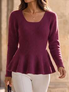 Women's Burgundy Square Neck Peplum Sweater Long Sleeve Pullover Top For Fall And Winter Fashion - Burgundy - View 2