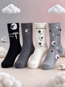 Women's Cute Lamb Mid-Calf Socks, Black White Grey Versatile Student Knit Socks, Autumn/Winter Socks - Multicolor - View 2