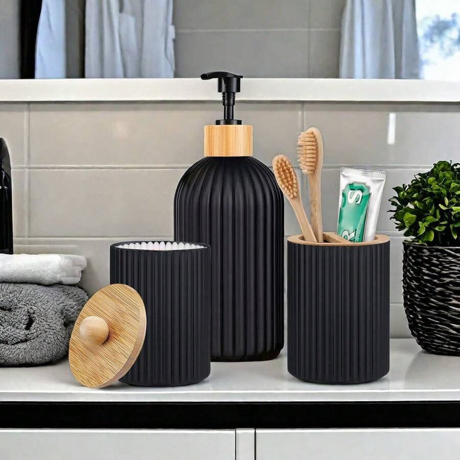 Juego de dispensador de baño recargable en negro mate, dispensador de jabón y loción con bomba manual, vaso para cepillo de dientes, soporte para cepillo de dientes y pasta de dientes - Multicolor - Ver 1