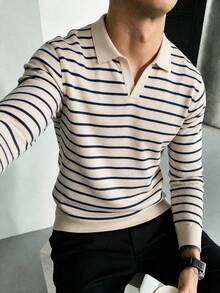 Sweater Lengan Panjang Pria Minimalis Motif Garis Horizontal Potongan Slim Fit Bahu Reguler Kerah Pesawat untuk Musim Gugur/Dingin - Aprikot - View 5