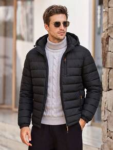 Mercer Haus Men's Lightweight Hooded Quilted Padded Coat, Thin Casual Commuter Jacket - Black - View 1