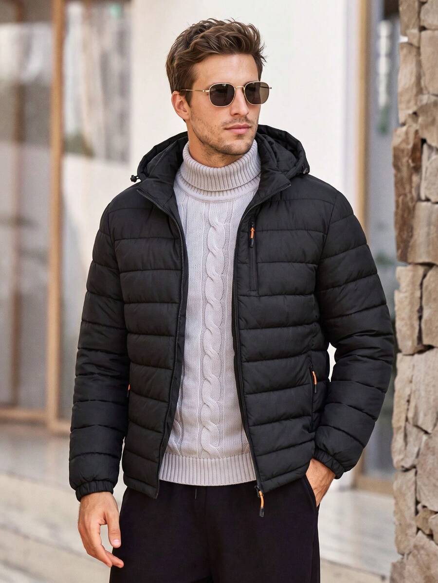 Mercer Haus Men's Lightweight Hooded Quilted Padded Coat, Thin Casual Commuter Jacket - Black - View 1