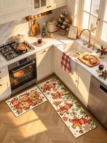 1/2pcs Christmas Kitchen Decor Rug, Christmas Gingerbread Man Pattern Design Winter Kitchen Rug And Mat, Non-Slip Washable Absorbent Kitchen Accessories Decor Mat, Christmas Holiday Gift! - Multicolor - View 3