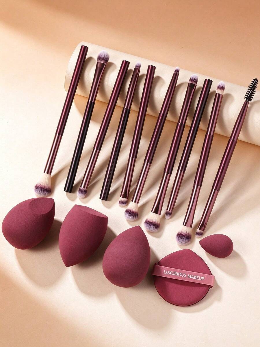 15PCS Makeup Tools Kit, 10PCS Soft Synthetic Makeup Brushes For Powder, Blush, Foundation, Eyeshadow, Brow & Lip, With 4 Makeup Sponges, 1 Round Powder Puff, Wine Red Cosmetic Tools Set, Portable Complete Makeup Kit For Beginners Daily Makeup - Burgundy - View 1