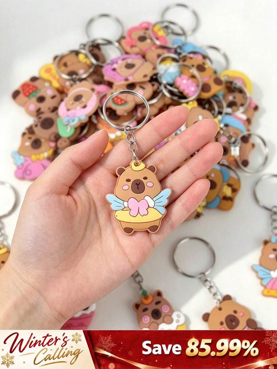 24pcs Cute Cartoon Capybara Silicone Keychain, Cute Angel Wing Capybara Pendant Key Ring, Colorful Soft Rubber Bag Charm Accessory, Dessert Style Animal Key Hanger, Suitable For Handbags, Backpacks, Daily Decoration [12/6/1pc] - Multiple Styles - View 1