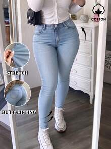 MYOURSA Mid Rise Skinny Jeans Daily Casual Stretchy Denim Pants Y2k Cute School Outfits - Light Wash - View 1
