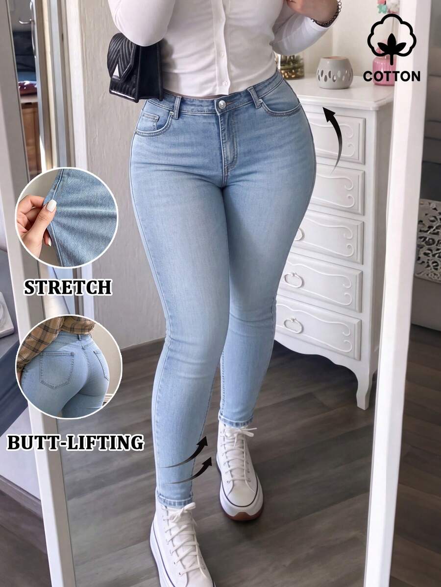 MYOURSA Mid Rise Skinny Jeans Daily Casual Stretchy Denim Pants Y2k Cute School Outfits - Light Wash - View 1