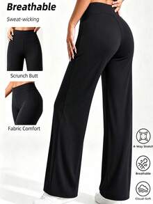 Women's High Waist Wide Leg Yoga Pants, 3D Tailoring, Front Pleated Design, Suitable For Fitness, Exercise And Daily Commute. - Black - View 4
