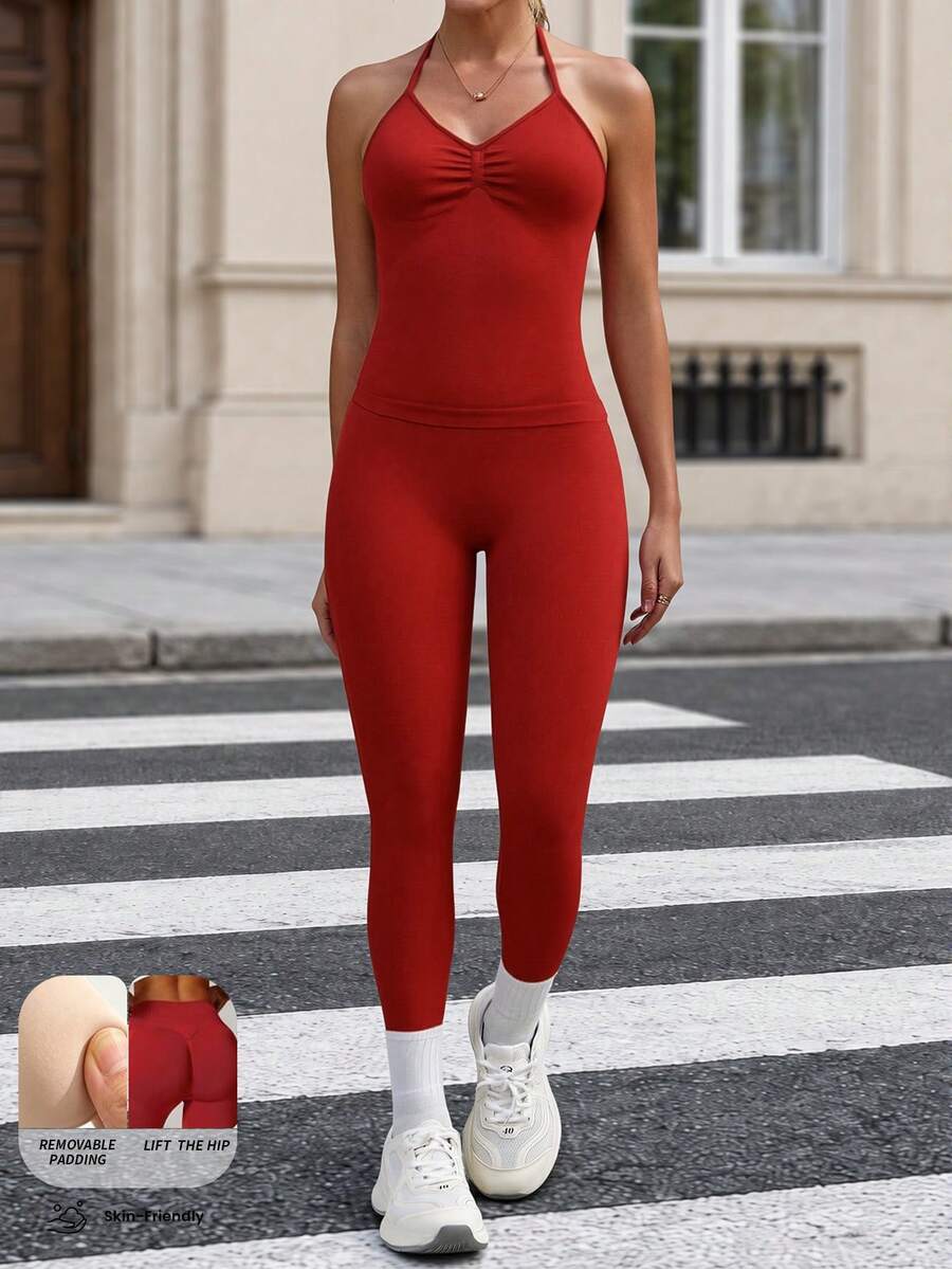 Yefecy 2pcs Women's Fitness Set, Backless Tank Top And High Waist Ruched Seamless Leggings Workout Suit Sports Red