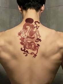 STARTTOOS 1pc Red Vintage Chinese Style Sun & Auspicious Cloud Coiled Dragon Pattern Party Gift DIY Holiday Gift Temporary Waterproof Tattoo Sticker For Arm, Back, Leg, Body - Red - View 3