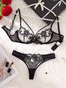 Women's Classic Black Lingerie Set, Exquisite Floral Embroidered Spaghetti Strap Bra, Elegant Transparent Mesh Matching Panties - Black - View 1