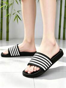 1 Pair Black & White Striped Black Base Classic Slip-On Sandals, Soft & Elastic, Suitable For Indoor, Outdoor, Beach And Daily Wear - Black - View 8