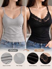 2pcs Women's Lace V-Neck Camisole, Ribbed Slim Fit Spaghetti Strap Tank Top, Elegant Lace Trim Basic Layering Top, Suitable For Casual Daily Wear - Multicolor - View 9