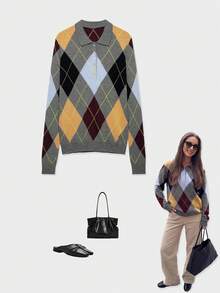 YROOE Women's Autumn/Winter Argyle Pattern Polo Collar Long Sleeve Half-Button Cardigan Knit Sweater - Multicolor - View 1