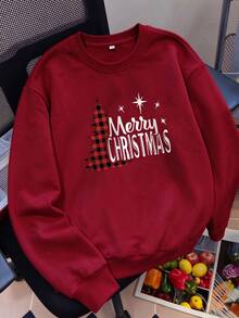 Women's Cute Christmas Happy Letter Red Plaid Tree Pattern Sweatshirt, Winter Holiday Long Sleeve Crew Neck Ribbed Knit Pullover - Red - View 4