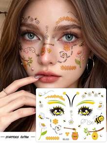 STARTTOOS 1pc Glitter Fresh Bee Honeycomb Honey Jar Daisy Flower Branch Leaf Pattern Party Gift Holiday Gift DIY Music Festival Temporary Waterproof Face Tattoo Sticker - Multicolor - View 1