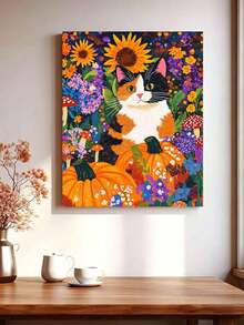 1pc Cat In The Flowers DIY Oil Painting By Numbers, Canvas Painting DIY Crafts, Adult Home Decoration, Holiday Gift. - Sets - View 3