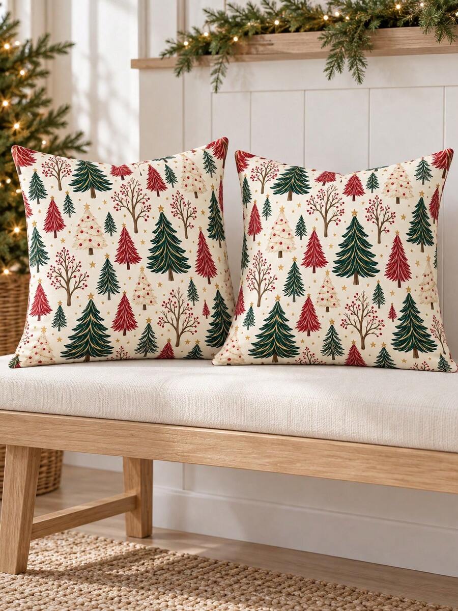shangxia 2PCS--Christmas Pattern Pillow Covers, Cream Base Vintage Red ...