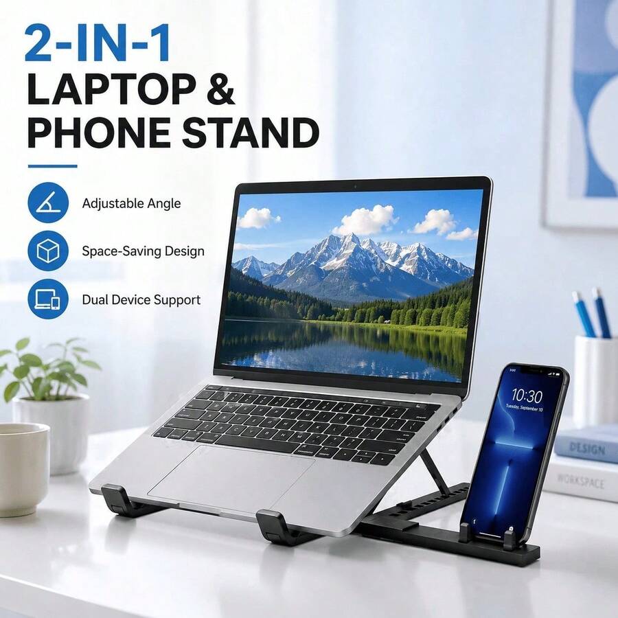 Universal 3-In-1 Adjustable Stand For Phone Tablet & Laptop, 360° Rotatable Foldable Desktop Holder, Multi-Angle Viewing, Lightweight Portable Travel Stand - View 1
