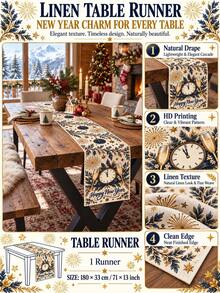 1pc Happy New Year Table Runner, Navy Blue & Gold Clock, Champagne Glass & Firework Print, Elegant Countdown Party Table Decoration For New Year's Eve Dinner, Kitchen, Dining Room & New Year Home Decor - Multicolor - View 2