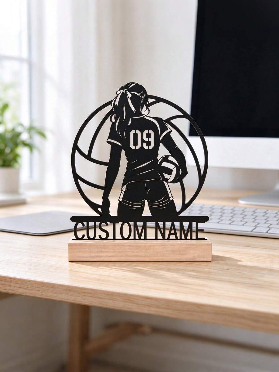 1pc Personalized Volleyball Player Metal Plaque, Customizable Name Desktop Ornament With Wooden Base, Unique Sports Style Decor, Suitable For Home Office, Can Be Used As Gift For Athlete Birthday Or Team Celebration - Black - View 1