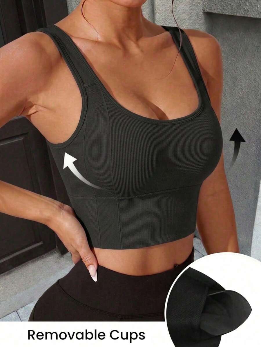 Women's Ribbed Knit U-Neck Cropped Sports Bra, Ribbed Square Neck Sports Tank Top, Slim Fit Fitness Pilates Training Sports Bra, Autumn - Yellow - View 1