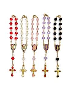 1pc Car Rearview Mirror Hanging Ornament, Crystal Beaded Car Rearview Mirror Pendant, Cross Virgin Mary Religious Style Car Interior Decoration - A - View 3