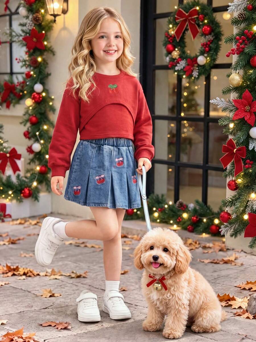 3pcs/Set Girls Christmas Outfit, Short Front Long Back Cover Up + Camisole + Embroidered Cherry Denim Skirt, Red Color, Spring/Autumn Casual Daily Wear, Easy To Match, 3pcs/Set Includes Camisole - Red - View 1