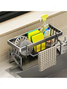1 cái giỏ thoát nước bồn rửa bằng nhựa ABS/thép không gỉ, giá đỡ miếng rửa bát và giá treo khăn, giỏ sắp xếp phòng tắm kèm giá treo khăn, đồ dùng nhà bếp tăng hiệu quả tối đa với phong cách ấm cúng mùa Thu & Đông - 1 cái - Xem 2