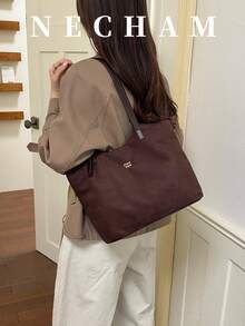 1pc Vintage Suede Solid Color Minimalist Elegant Shoulder Bag Large Capacity Casual Versatile Tote Bag - Coffee Brown - View 5