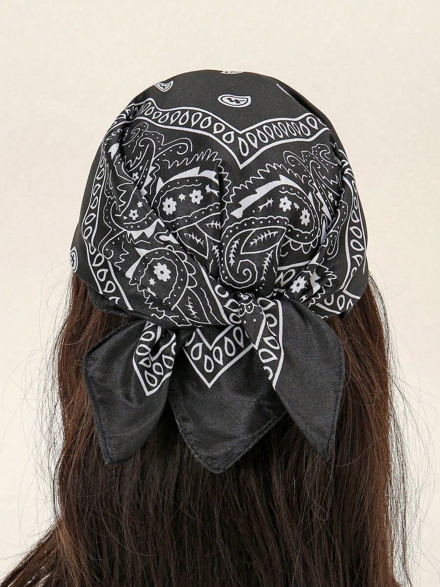 1PC Women Chic Paisley Printed Square Scarf, Classic Head Bandana For Daily Wear - Black - View 1