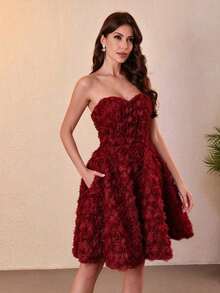 Elegant Strapless Sweetheart 3D Flower Organza Mini Prom Dress, Back Corset Lace Up Flared Party Cocktail Dress For Wedding Guest - Burgundy - View 5