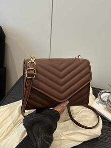 Women's Solid Color New Niche Design Fashion Shoulder Crossbody Bag, INS Versatile Small Square Bag, High Gloss Mirror Embossed Solid Color Mini Chain Shoulder Bag - Brown - View 11