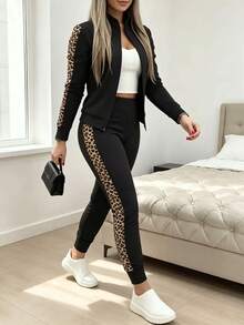 Leopard Print Patchwork Black Sports Suit, Casual Loose Fit Long Sleeve Jacket Top Paired With Comfortable Elastic Waist Slim Fit Pants, 2 Pieces Set - Black - View 4
