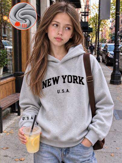 1 pieza Sudadera gruesa y cálida con forro térmico para niña preadolescente, ropa para estudiante joven, top de manga larga para otoño/invierno