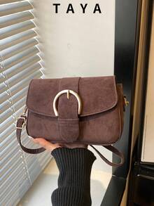 Women's Flap Small Handbag, Fashionable Metal Buckle Decor Square Bag, Shoulder Crossbody Bag - Coffee - View 2