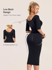 Women's Seamless Bodycon Dress, Square Neck Short Sleeve Fitted Dress, Tummy Control Compression Shaping Midi Dress, Suitable For Daily Wear - Black - View 3