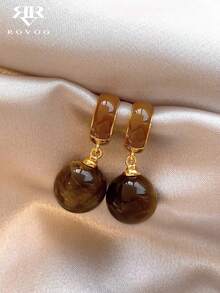 1 Pair Fashionable Elegant Faux Tiger Eye Stone Earrings Suitable For Women To Wear At Autumn/Winter Parties And Gatherings - Brown - View 1